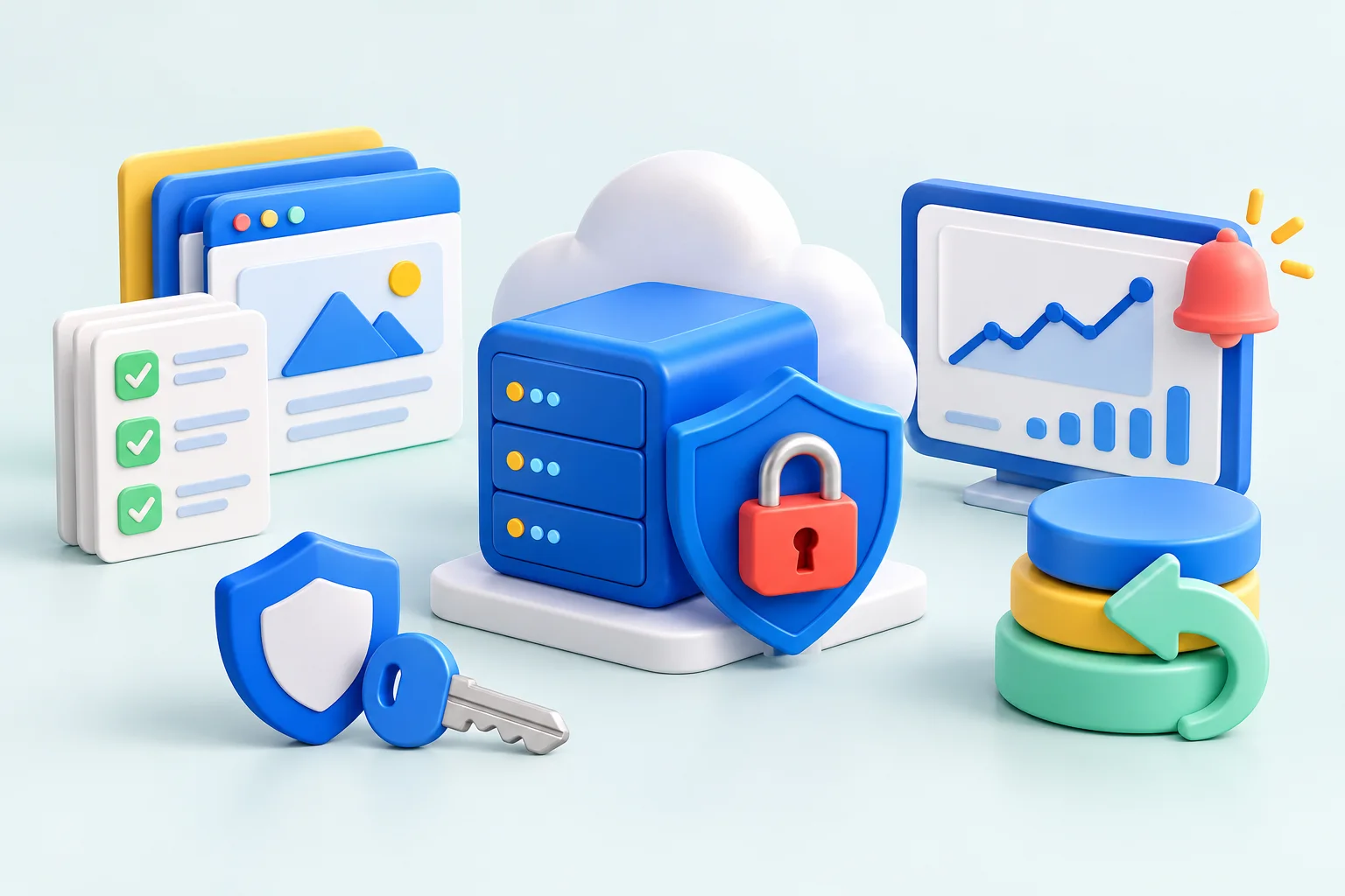 Ilustración 3D de una aplicación web preparada para producción, con interfaz probada, servidor protegido, panel de monitorización, alertas y copias de seguridad.