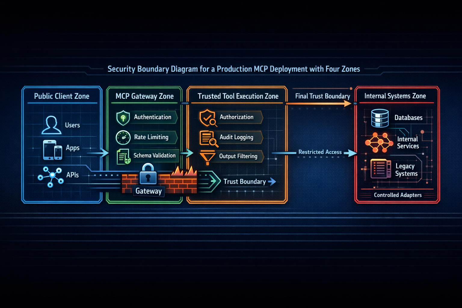Security boundary diagram for a production MCP deployment showing public client, gateway, trusted execution, and internal systems zones.