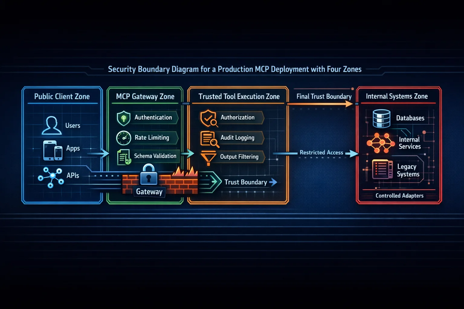Security boundary diagram for a production MCP deployment showing public client, gateway, trusted execution, and internal systems zones.